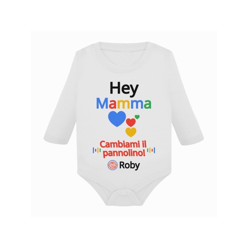 Body bimbo e bimba manica lunga comando vocale Hey Mamma! Cambiami il pannolino! Personalizzato con il nome!