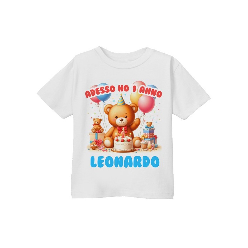 T-shirt Maglietta bimbo Primo Compleanno, adesso ho 1 anno! Personalizzata con il nome! Orsetto!