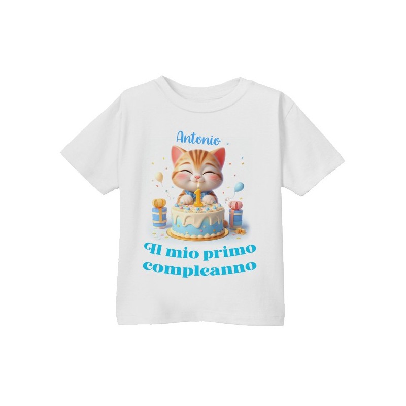 T-shirt Maglietta bimbo Primo Compleanno, adesso ho 1 anno! Personalizzata con il nome! Gattino!