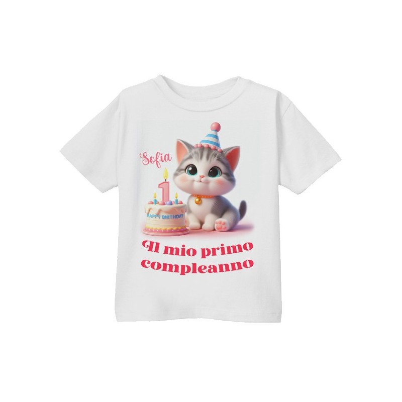 T-shirt Maglietta bimba Primo Compleanno, adesso ho 1 anno! Personalizzata con il nome! Gattino!