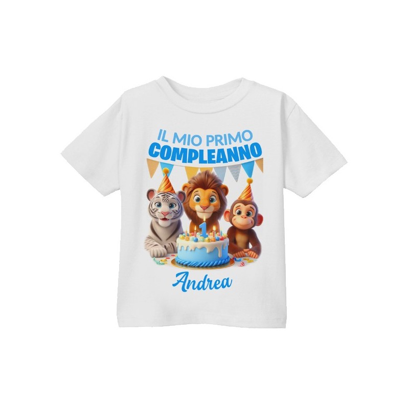 T-shirt Maglietta bimbo Primo Compleanno, adesso ho 1 anno! Personalizzata con il nome! Animaletti giungla safari!