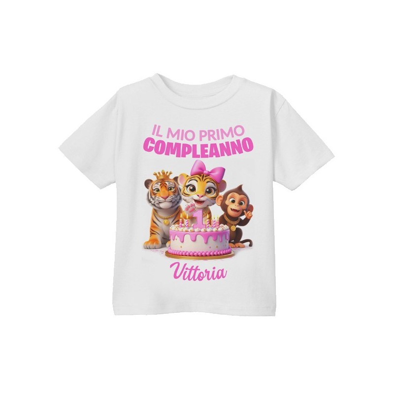 T-shirt Maglietta bimba Primo Compleanno, adesso ho 1 anno! Personalizzata con il nome! Animaletti giungla safari!