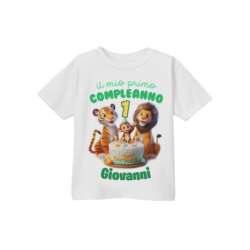 T-shirt Maglietta bimbo o bimba Primo Compleanno, adesso ho 1 anno! Personalizzata con il nome! Animaletti giungla safari!