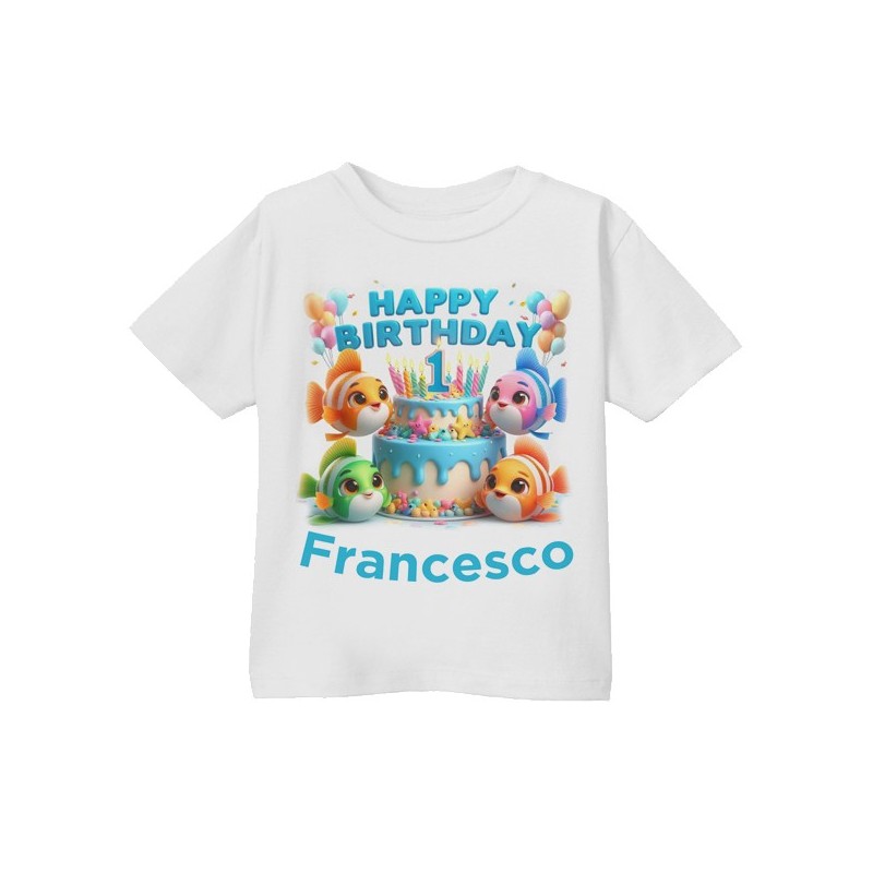 T-shirt Maglietta bimbo Primo Compleanno, adesso ho 1 anno! Personalizzata con il nome! Pesciolini del mare!