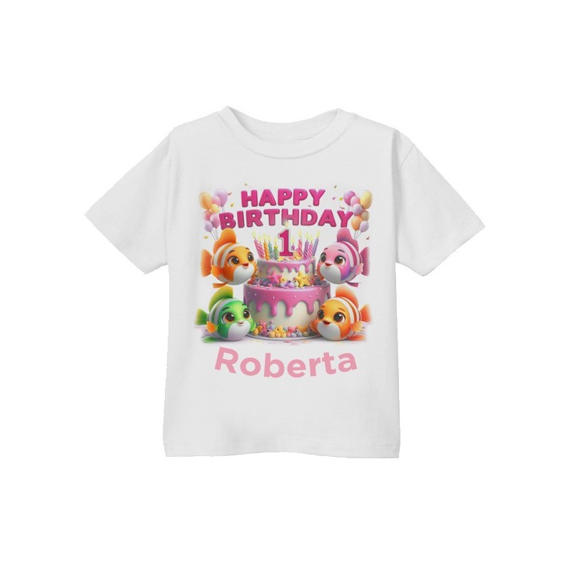 T-shirt Maglietta bimba Primo Compleanno, adesso ho 1 anno! Personalizzata con il nome! Pesciolini del mare!