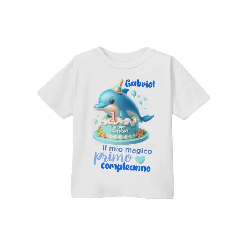 T-shirt Maglietta bimbo Primo Compleanno, adesso ho 1 anno! Personalizzata con il nome! Delfino del mare!