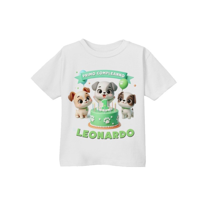 T-shirt Maglietta bimbo o bimba Primo Compleanno, adesso ho 1 anno! Personalizzata con il nome! Cagnolini!