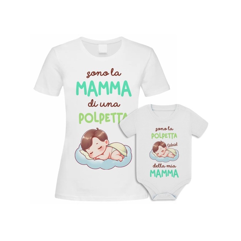 Kit di coppia: t-shirt mamma + body bimbo o bimba Polpetta di Mamma! Personalizzato con il nome del bebè!