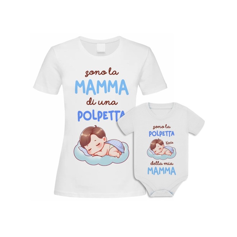 Kit di coppia: t-shirt mamma + body bimbo Polpetta di Mamma! Personalizzato con il nome del bebè!