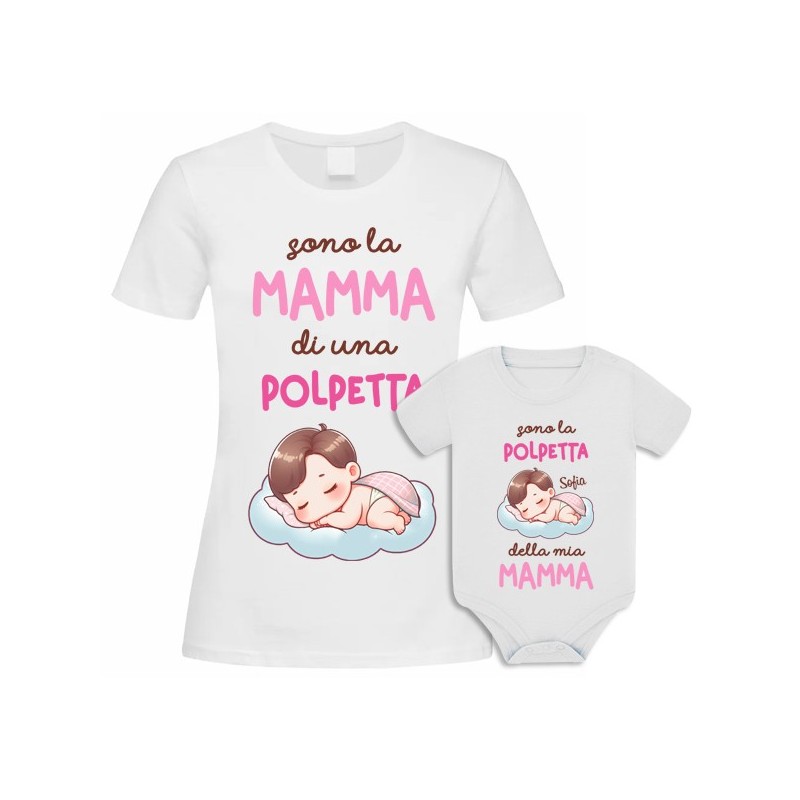 Kit di coppia: t-shirt mamma + body bimba Polpetta di Mamma! Personalizzato con il nome del bebè!