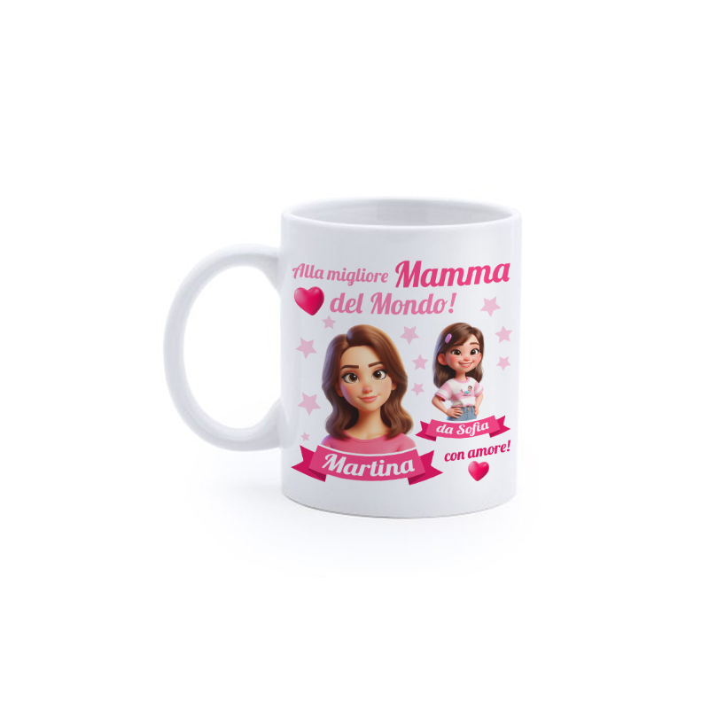 Tazza Mug Alla migliore Mamma del mondo! Personalizzata con nomi di madre e bimba! Personaggi cartoon!