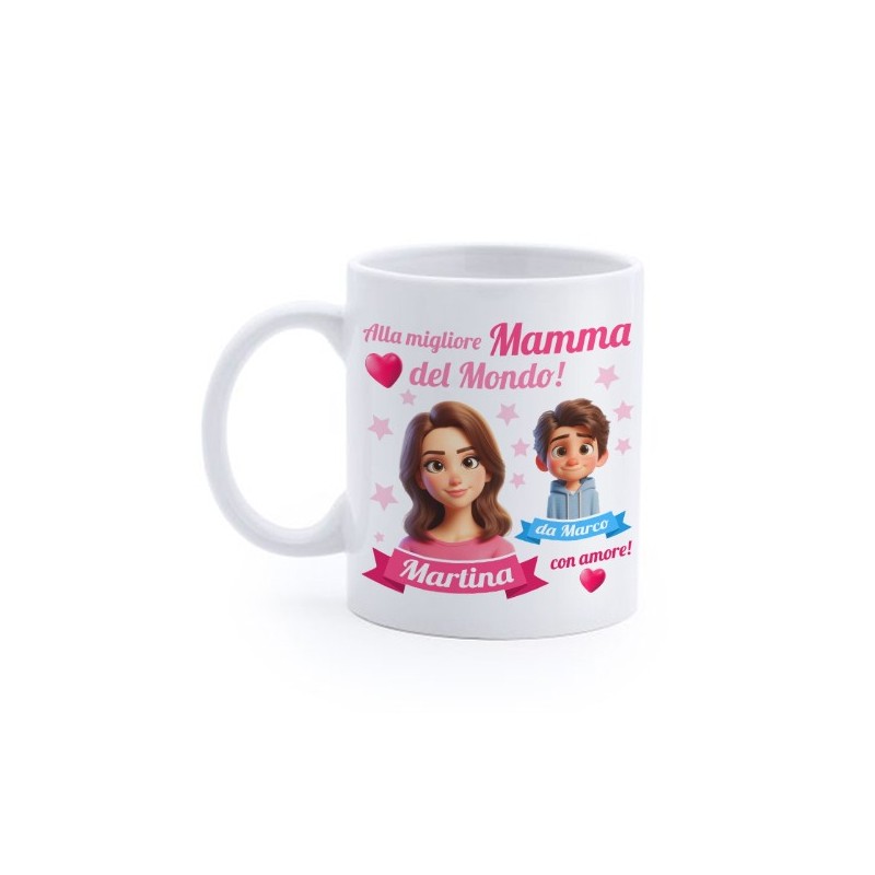 Tazza Mug Alla migliore Mamma del mondo! Personalizzata con nomi di madre e bimbo! Personaggi cartoon!