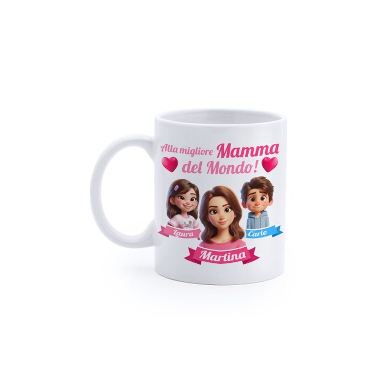 Tazza Mug Alla migliore Mamma del mondo! Personalizzata con nomi di madre e bimbi! Personaggi cartoon!