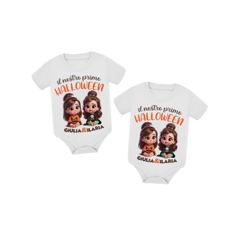 Coppia di body gemelline Il nostro primo Halloween! Personalizzati con i nomi delle bambine!