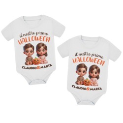 Coppia di body gemellini Il nostro primo Halloween! Personalizzati con i nomi di bimbo e bimba!