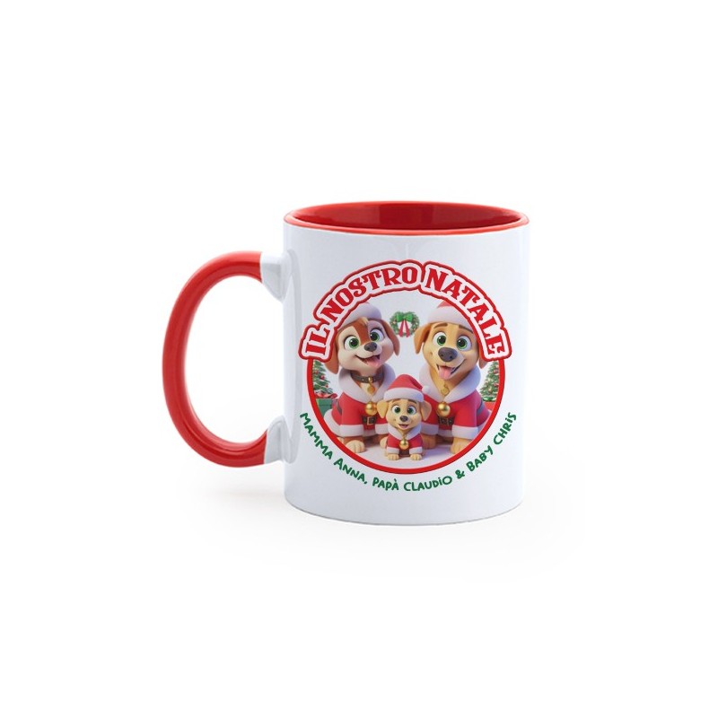 Tazza Mug Il nostro Natale, famiglia! Personalizzata con nomi di mamma, papà e bimbo o bimba! Cagnolini!