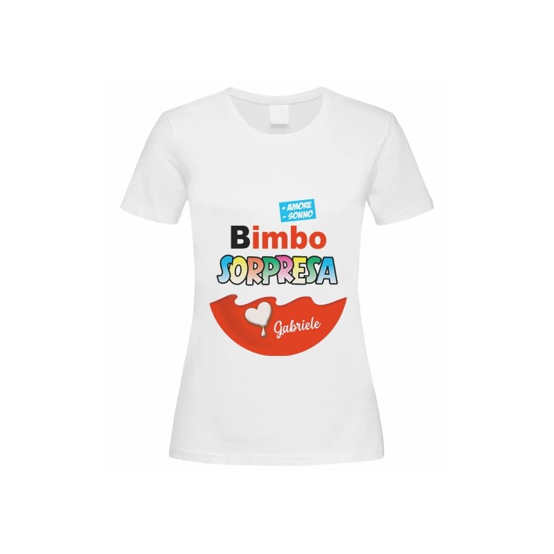T-shirt Maglietta donna futura mamma Bimbo / Bimba / Bimbi Sorpresa! Ovetto personalizzato con il nome o i nomi bebè!